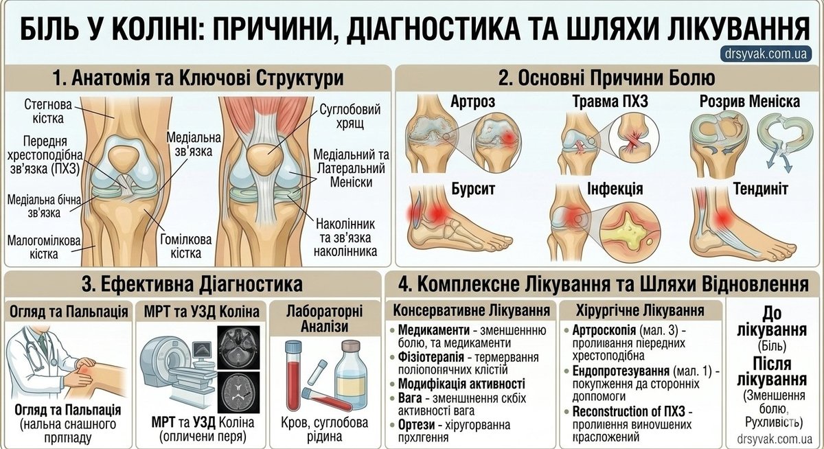 Біль у коліні: анатомія, основні причини, діагностика та лікування